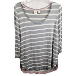 Saint‎ Tropez West Womens Tunic Top Medium Gray White Striped Hi-Low 3/4 Sleeve